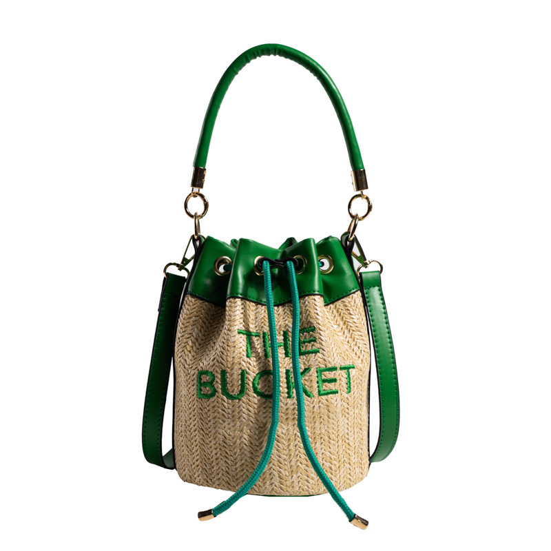 

New Straw Bucket Bag Summer Fashion Women's Woven Bag Personalized Letter Beach Bag Shoulder Bag for Women Classic, Aspic
