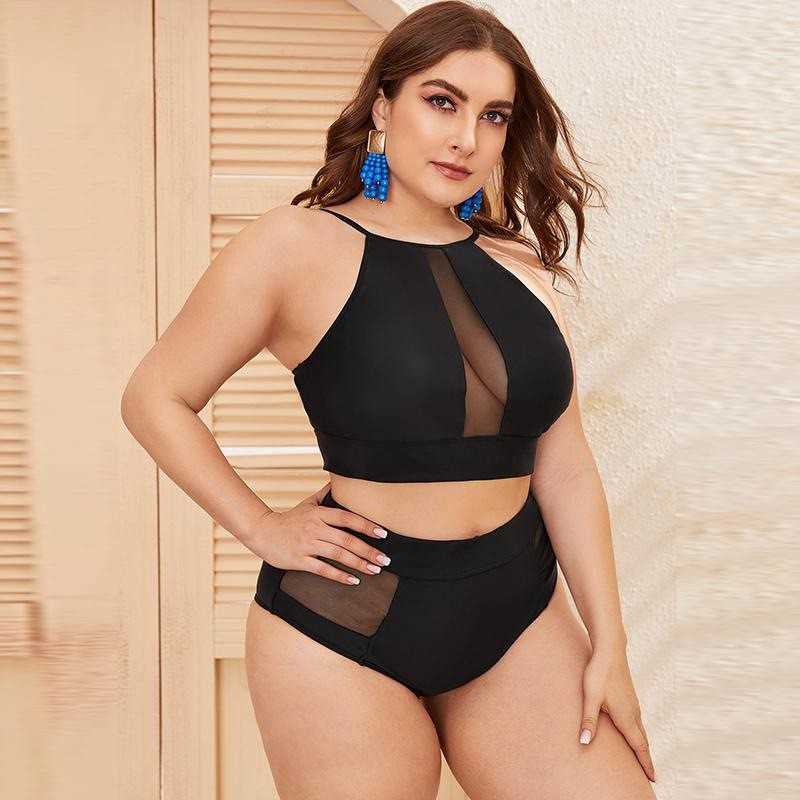 

Women's Plus Size Swimwear European and American Split High Waist Plus Size Bikini Mesh Stitching Solid Color Swimsuit for Women Z0508, Yellow