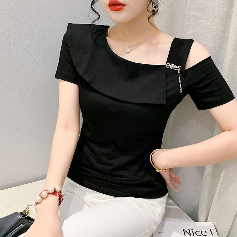 

Women's T Shirts #6247 Black White Purple One Shoulder Shirt Women Spliced Ruffles Tight T-shirt Femme Sexy Basic Top Short Sleeve Girl