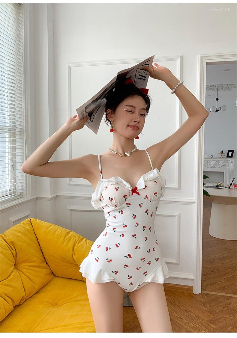 

Women's Swimwear 2023 Cute Cherry Pattern Women's Sexy Hollowed Out Backless Slim One-piece Swimsuit, White
