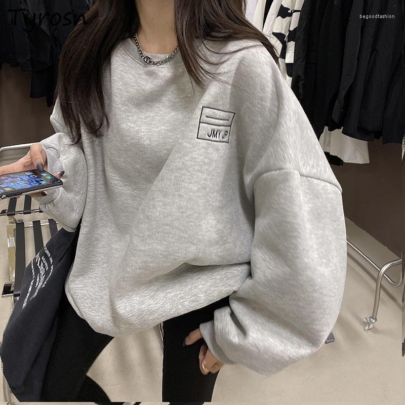 

Women's Hoodies No Hat Women Loose All-match Gray Printing Sweatshirts O-neck Hip Hop Keep Warm Thicker Long Sleeve Tops Teen Streetwear, Gray-regular