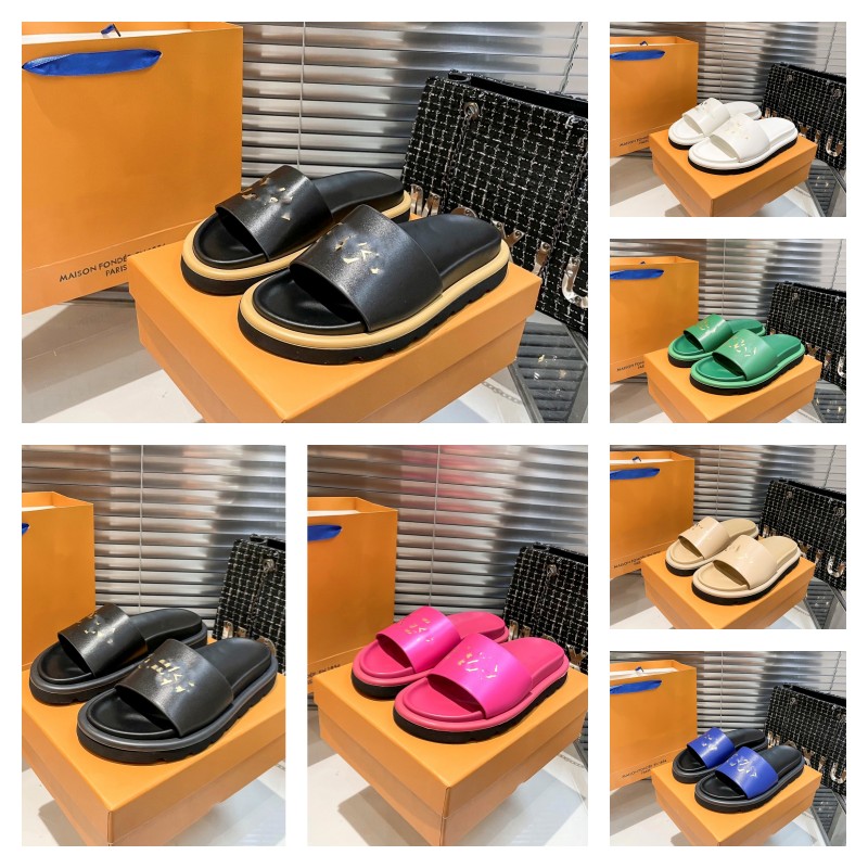 

Size 35-45 Couple Slippers Designer Waterfront Embossed Mule monograms Slide Pool Pillow Flat Comfort Slipper Beach Sandals Men Women Shoes Summer loafers L AND V, 276767