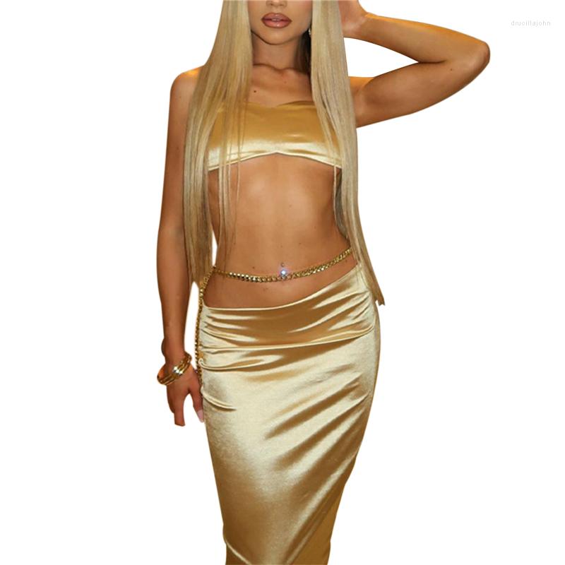 

Work Dresses Women Skirt Set Y2k Aesthetic Fashion Sleeveless Camisole And Chain Tight Long Matching Clothes Two Piece Party Clubwear, As photo shows