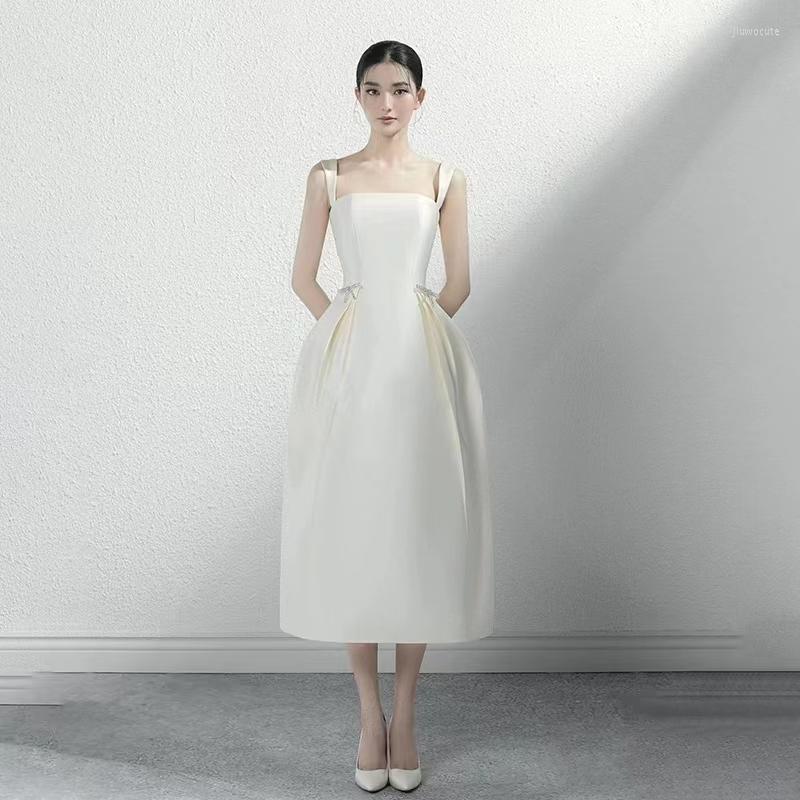 

Casual Dresses Runway Designer Women Spaghetti Strap White Midi Dress 2023 Fashion Summer Slash Neck Diamonds Bow High Slim Waist Party, Black