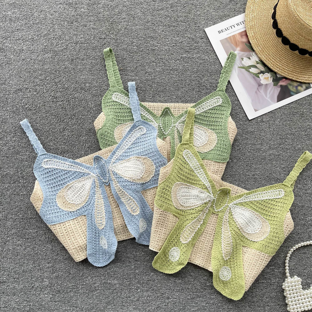 

Camisoles Tanks Boring Honey Bead Embroidery Crop Top Butterfly Summer Clothes For Women Chic Hollow Out Crochet Fashion Blouses 230508, Blue
