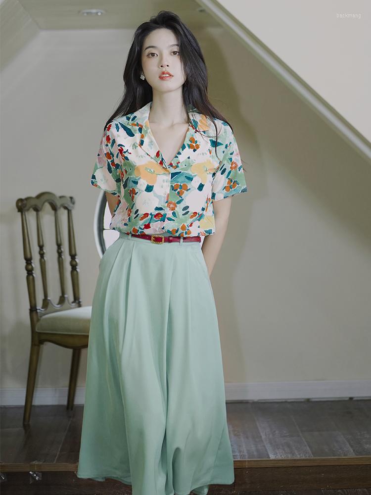 

Work Dresses Summer Holiday Suit Women' Retro Short Sleeve V-Neck Floral Shirt Top With High Waist Skirt 2 Piece Lady OL Female Outfits, Photo color