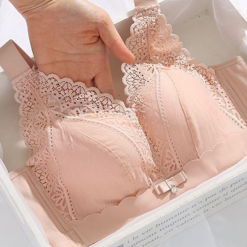 

Bras Autumn And Winter Style Q Elastic Cotton Sexy Lace Comfortable No Steel Ring Underwear Women's Thickened Small Chest, 8808 khaki