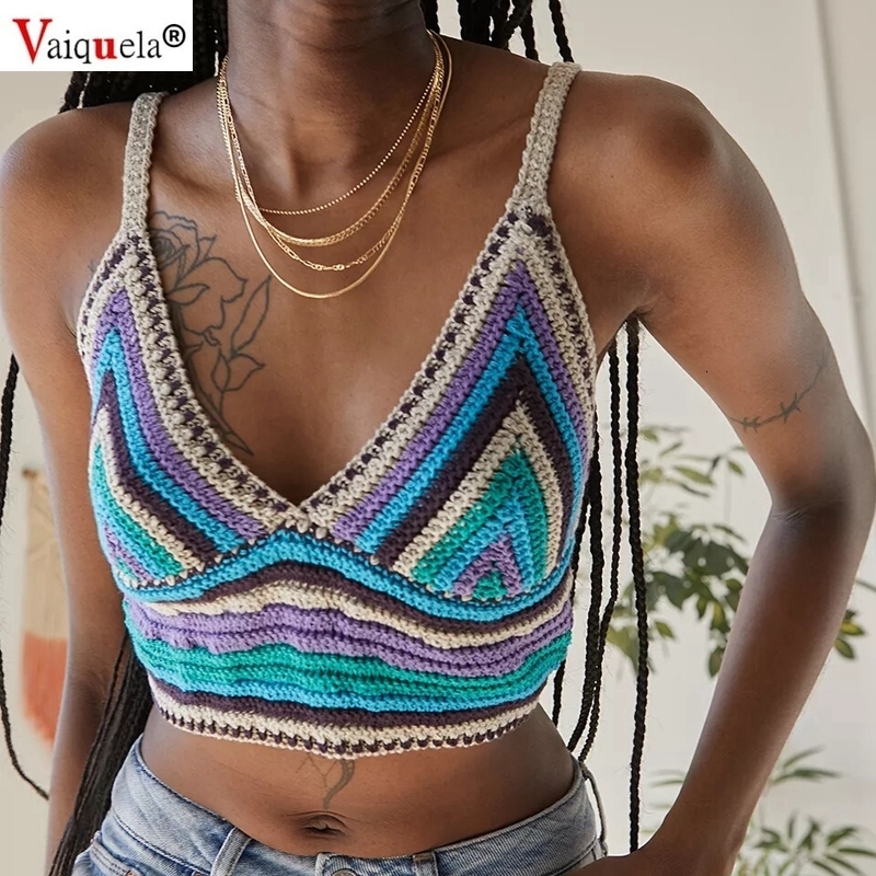 

Camisoles Tanks Colorful Striped Knitted Cami Top 90s Vintage Summer Beach Boho Sexy Sleeveless Spaghetti Strap Crop Women vests and suspenders 230508, Net yarn top-pink