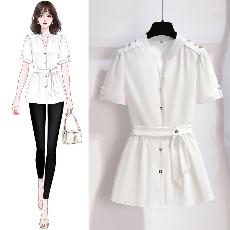 

Women's Blouses Summer Women's T-shirt Fashion Solid White T Shirt Single Breasted Tops Tees Women Clothing Office Lady Stand Collar