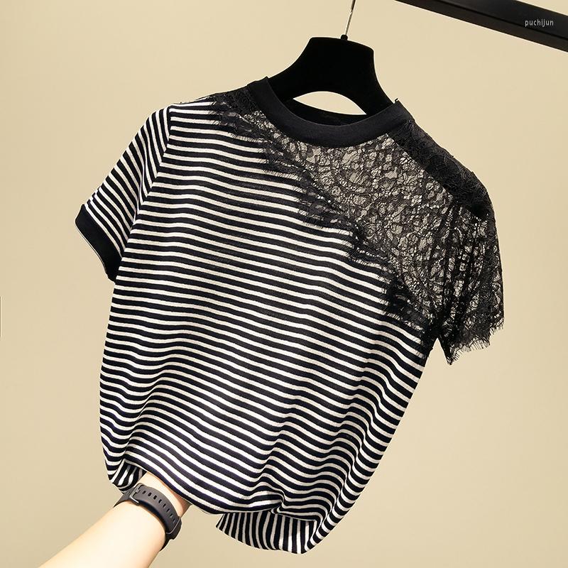 

Women's T Shirts Lace Thin Knitted Patchwork Shirt Women Striped Tee Femme Summer Clothes Hollow Out Short Sleeve Tops Camisetas De Mujer, Black