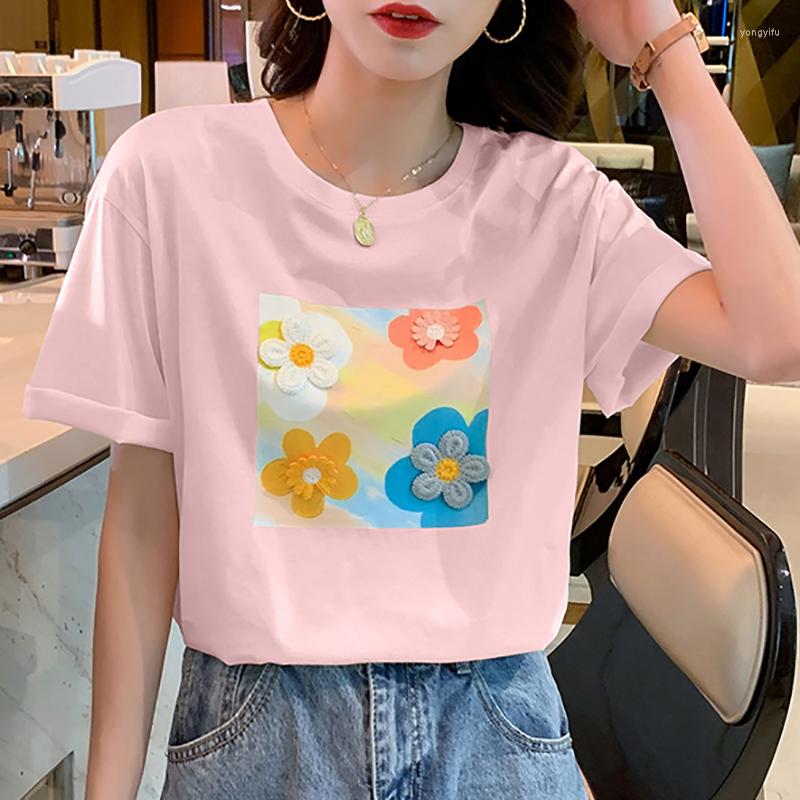 

Women' T Shirts Embroidery Floral Tee Shirt Femme Cotton Women Korean Fashion Womens Clothing Tshirt Summer Short Sleeve O-Neck Tops, Pink