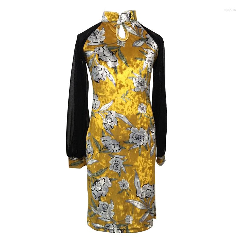 

Stage Wear Classical Cheongsam Child Girls Latin Salsa Costumes Lantern Leeve Dance Dress For Kids Rumba Standard, Yellow