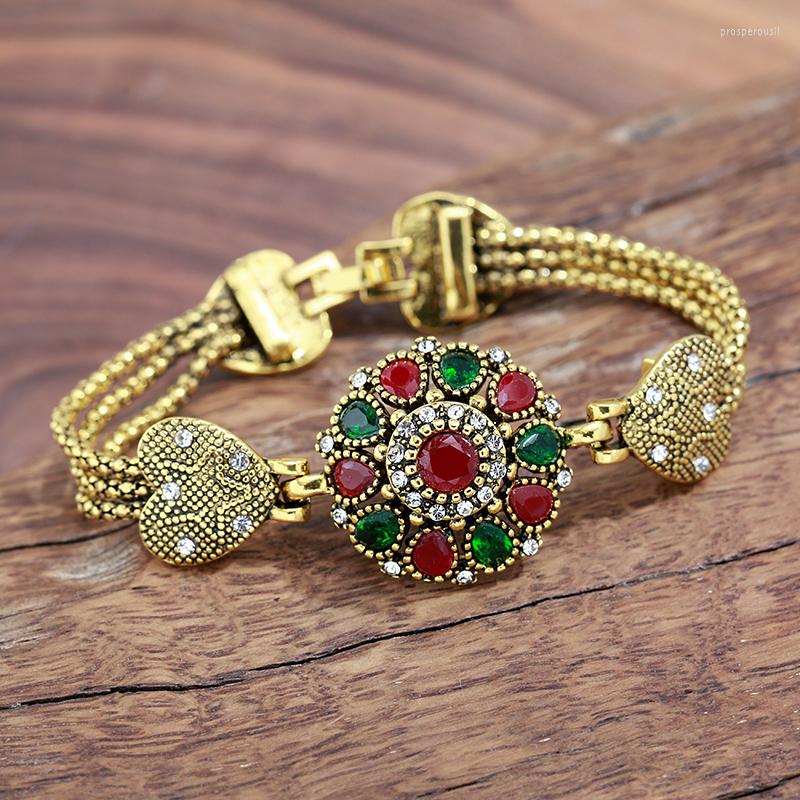 

Link Bracelets Wbmqda Vintage Crystal Flower Bracelet For Women Colored Gemstone Setting Hollow Out Gold Plated Design Bridal Wedding