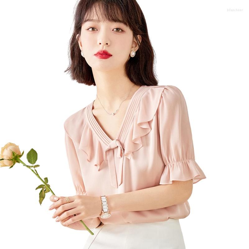 

Women's Blouses 3XL 2023 Women Summer Loose Thin Ruffle Lady Fashion Casual Short Sleeve V-Neck Bow Solid Color Clothing Tops WY0924, Pink