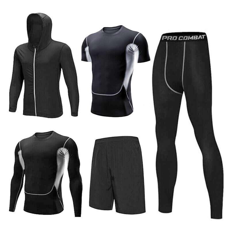 

Running Sets 5 Pcs Set Men's Tracksuit Fitness Gym Compression Sports Suit Jogging Tights Bodybuilding Clothes Workout Sportwear, Black03