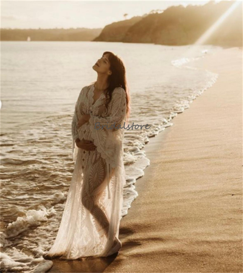 

New Lace Maternity Wedding Dress For Baby Shower 2023 Photo Shoot Long Sleeve Boho Beach Bride Dresses Civil Pregnant Bridal vestidos de novia robe de mariee, White