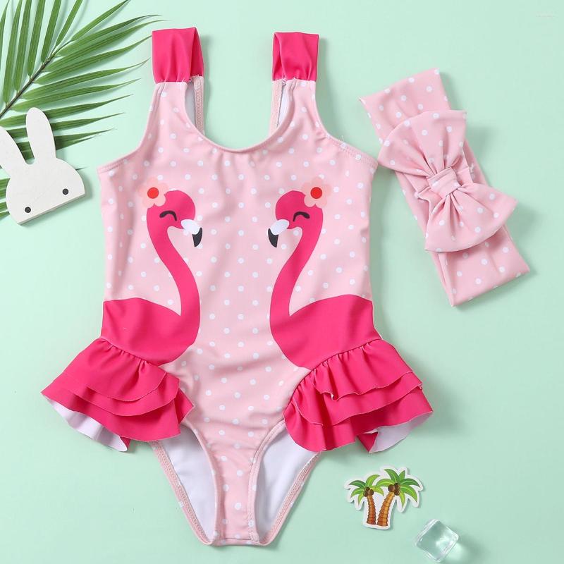 

Women's Swimwear 2-8 Years Toddler Baby Girls One Piece Swimsuit With Hairband Ruffle Trim Cartoon Children's Kids Infant Bathing Suit