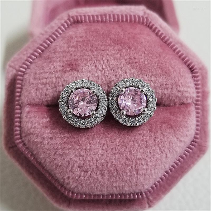 

Stud Earrings Cute Pink Yellow Zircon Round For Women Silver Gold Color White Stone Luxury Wedding Ear Studs Engagement Jewelry