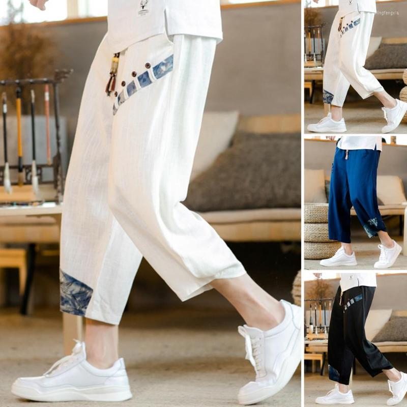 

Men's Pants -3XL Men Mid-rise Elastic Waistband Drawstring Baggy Pockets Thin Retro Print Harem Cropped, Black