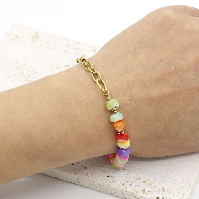 

Link Bracelets Dyed Shell Spring Color Ot-buckle Bracelet For Women Stainless Steel Chain Gold Fadeless Fashion Trend Jewelry