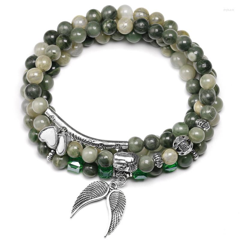 

Strand 108 Mala Bracelet Buddha Natural Green Grass Lace Agates Bracelets Wing Pendant Chakra 6MM Beaded Yoga Prayer