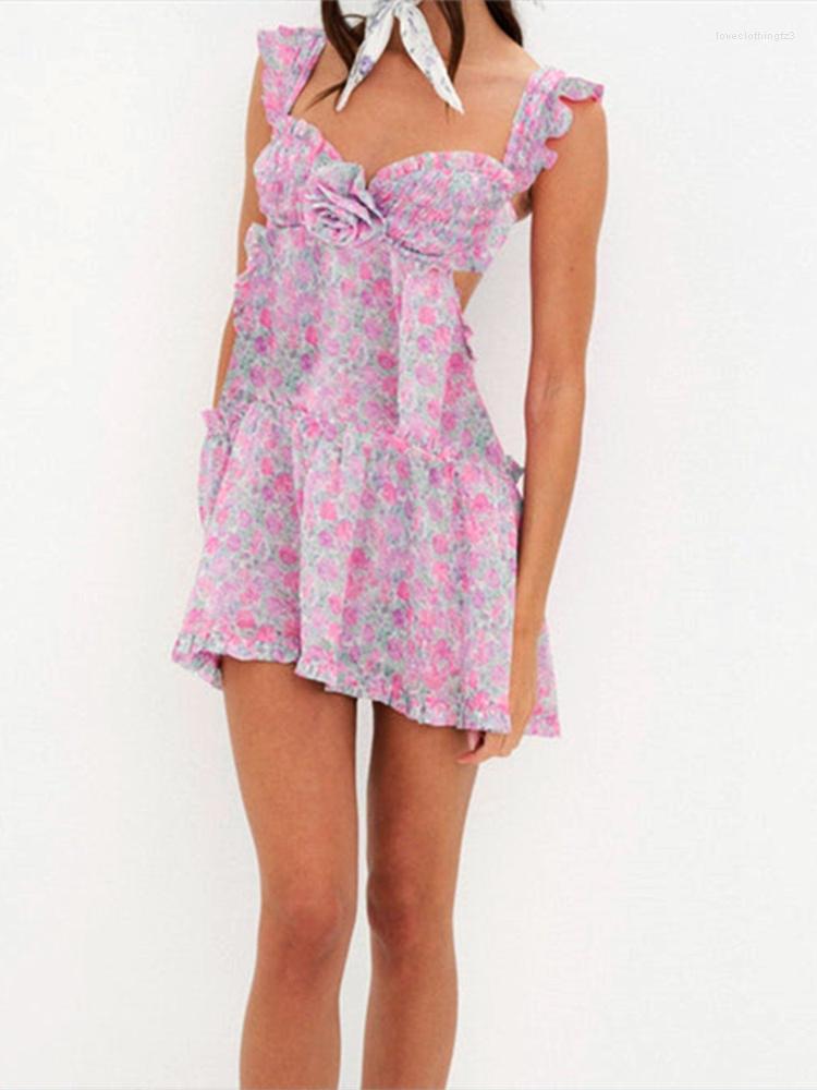 

Casual Dresses Women Fairycore Floral Mini Dress Ruffle Strap Sleeveless Flower Open Back Flowy Short Bohemian Sexy Retro Summer, Pink