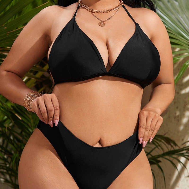 

Women's Plus Size Swimwear Plus Size Back Tie High Waist Bikini Set For Women Black Large Size Two Pieces Swimsuits 2023 Bathing Suits Swimwear Z0508