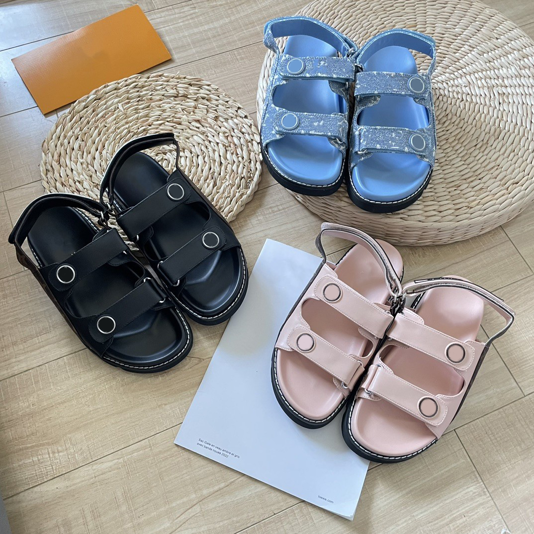 

L and V Hook & Loop sandals Designer Women PASEO COMFORT Flat mules adjustable straps buckle sandal summer Shoes Platform Leather Loafer Denim Blue Size 35-42, Lvms5063