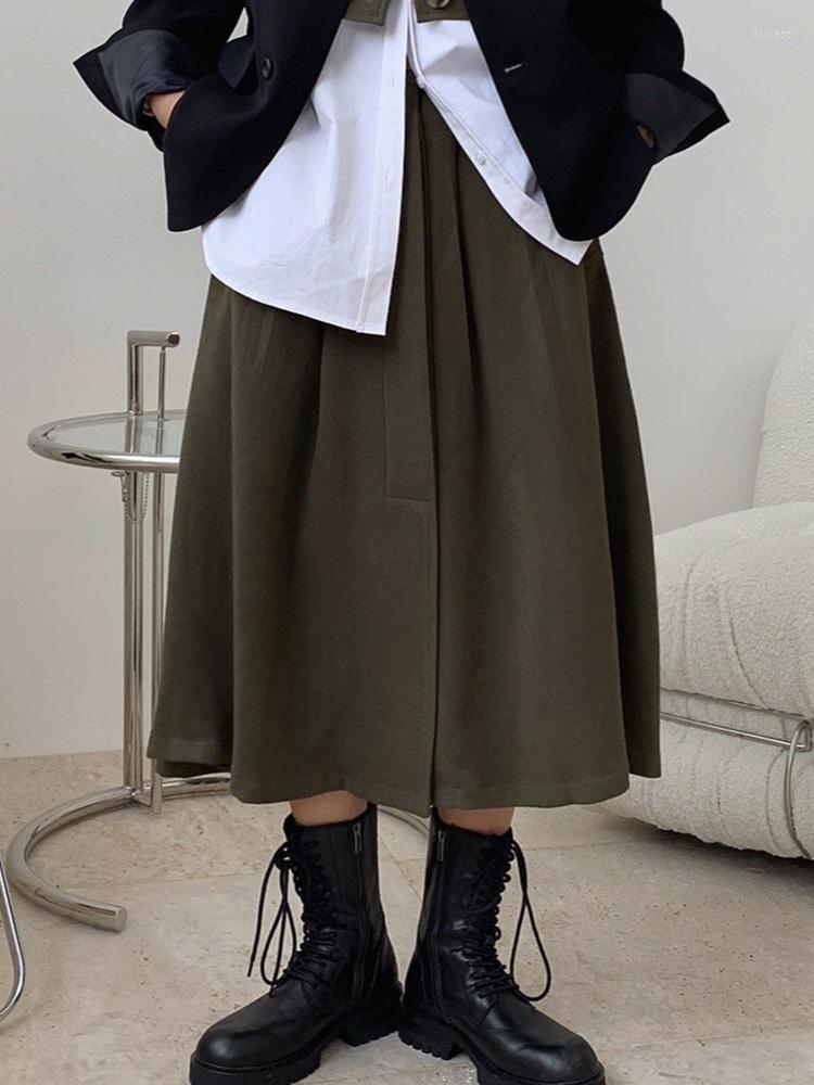 

Skirts High Elastic Waist Beige Vintage Pockets Long Casual Half-body Skirt Women Fashion Tide Spring Autumn 2023 M365, Olive