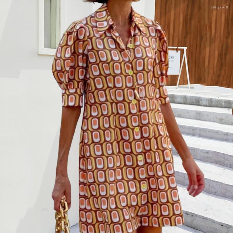 

Casual Dresses Women Dress Plaid Printing Puff Sleeve Lapel Mini Button Placket Up Summer Half-Sleeve Swing, Yellow
