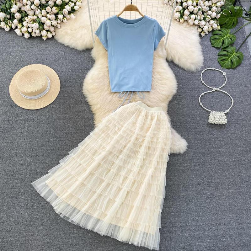 

Work Dresses Fashion Set Korean Round Neck Slim Fit Short T-shirt Two Piece High Waist Mesh Half Skirt, Blue