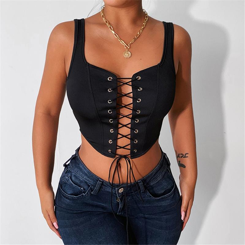 

Women' Tanks & Camis Summer Women Hollow Out Crop Tops Sleeveless Drawstring Lace-Tie Slim Fit Solid Color Nightclub Female Clothes, Black