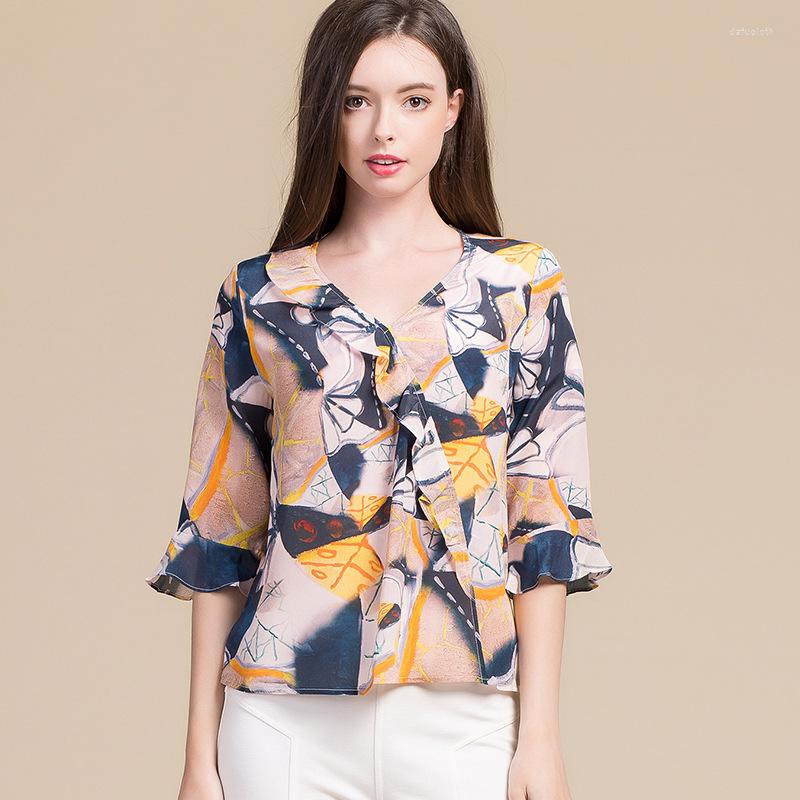

Women's Blouses Korean Style Summer Women Real Silk Three Quarter Print V-neck Flare Sleeve Office Lady Shirts OL 8043