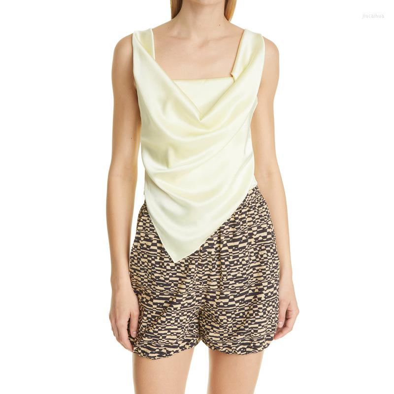 

Women' Tanks Women' Satin Pleated Square Neck Tank Top Lady Summer Asymmetrical Hem Backless Vest Outfit Camis, Yellow