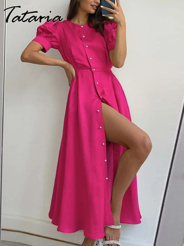 

Casual Dresses Classic Women' Summer Dress with Slit Orange Elegant O Neck Maxi Dresses Office Ladies Buttons Up Holiday Dress for Women 230509