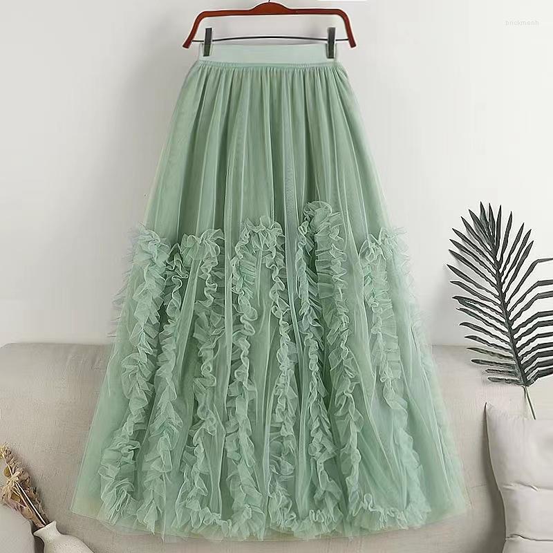 

Skirts Casual Women Maxi Long Tulle Skirt High Waist Pleated Ruffle 2023 Spring Summer Korean Black Beige Fairy