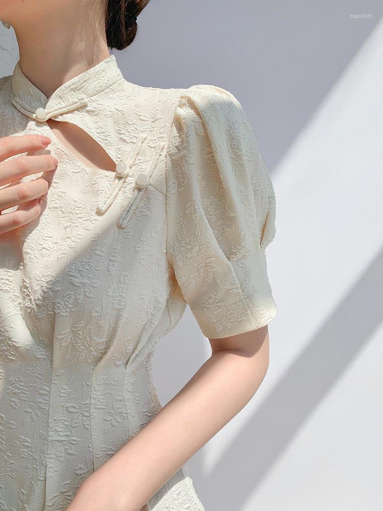 

Casual Dresses Retro Improve White Cheongsam 2023 Women' Vestidos Summer French Style Dress Short Sleeve Temperament Advanced Sense, The picture color