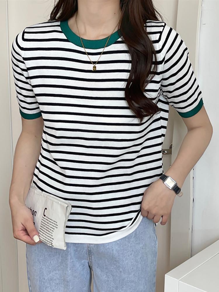 

Women's T Shirts Knitted Shirt Women Striped Tee Femme Short Sleeve Korean Style Clothes T-Shirts Womens Tops 2023 Summer Camisetas Mujer, Yellow collar