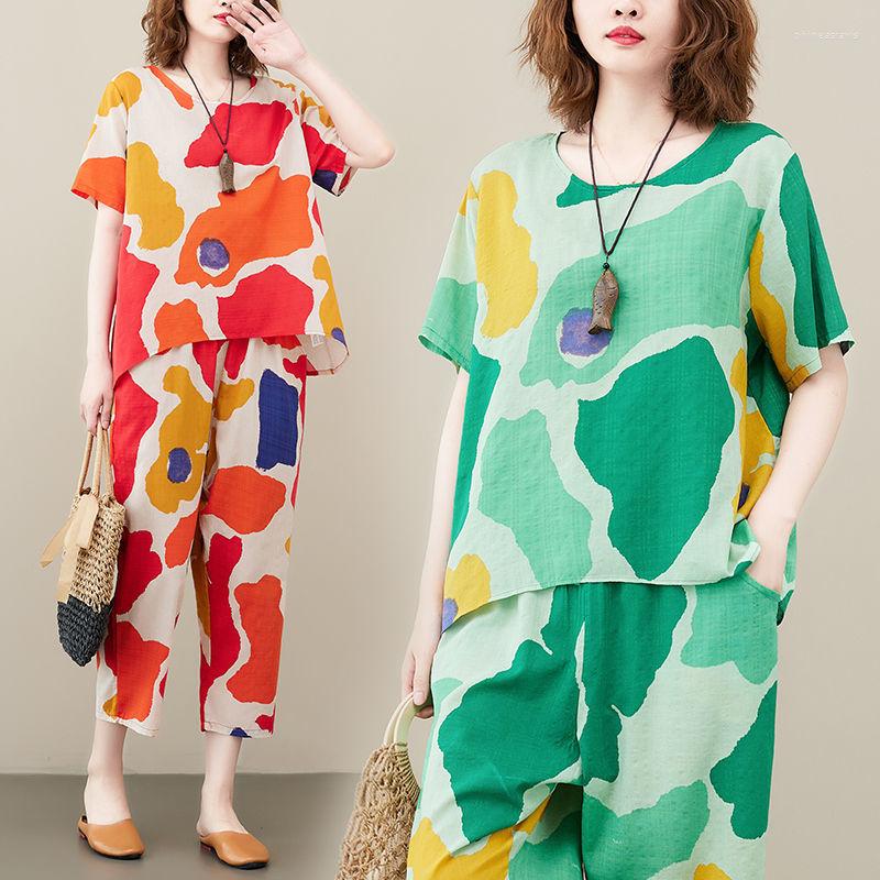 

Women's Two Piece Pants 2023 Thin Light Soft Loose Cozy Women Clothes Sets Print Floral T Shirts Tops High Waist 2 Pcs Summer Casual