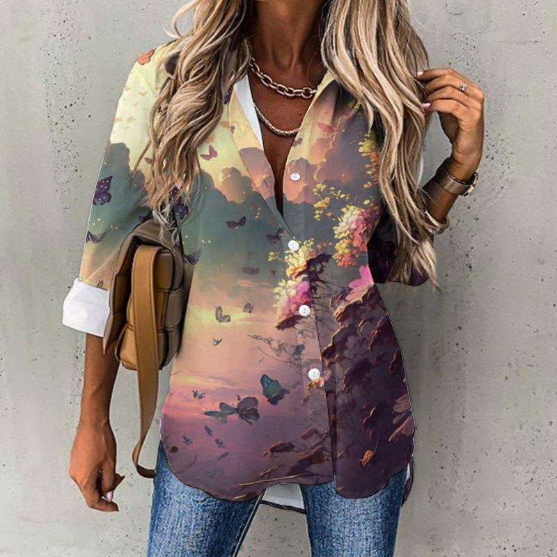 

Women's Blouses Temperament Loose Shirt Women Fashion Butterflies Flowers Print Tops Top XS-8XL, Pink