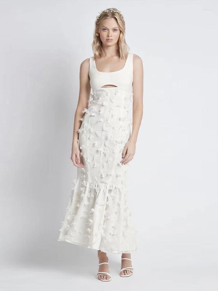 

Casual Dresses Women Sexy Three-dimensional Flower Stitching Hollow Sling Fishtail Dress 2023 Summer Elegant Sleeveless Holiday Clothing, White