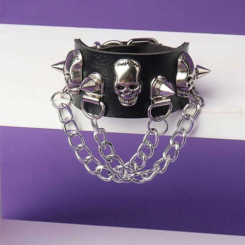 

Ornament Punk Skull Rivet Tassel Chain Bracelet Leather Couple