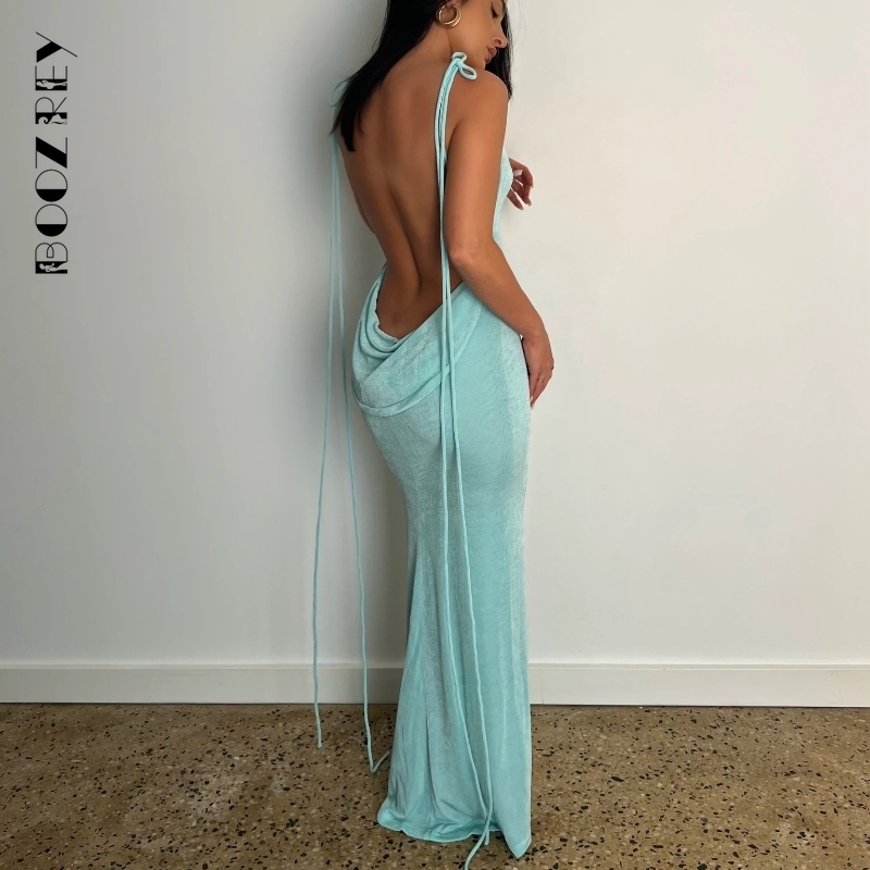 

Two Piece Dress BoozRey Summer Drawstrings Sexy Swing Collar Backless Sleeveless Maxi Prom Dres Hollow Slit Solid Party Robe Dresses 230508, Sky blue