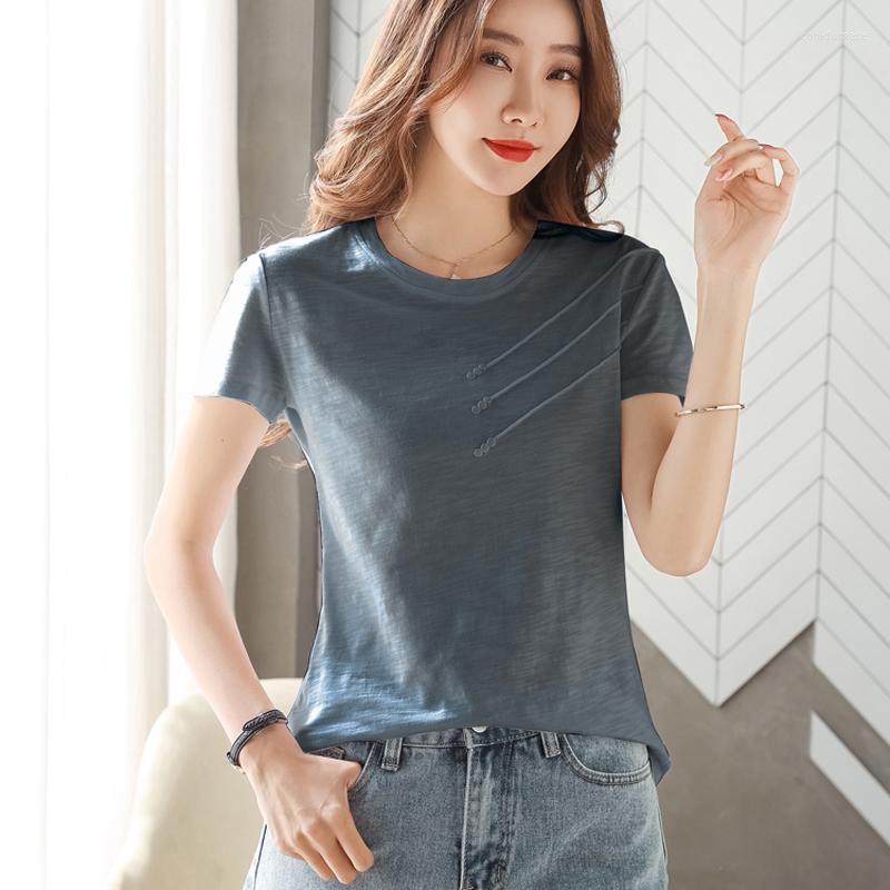

Women' T Shirts Shirt Women Cotton Short Sleeve 2023 Summer Top Korean Clothes Woman Loose Casual O-Neck Button Tee Camisetas, Green