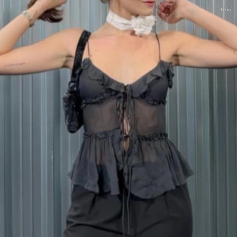 

Women' Tanks Women V-Neck Front Tie Up Ruffles Camis Sexy Black Mesh See-Through Crop Tops 90s Vintage Summer Holiday Backless Vest Y2K