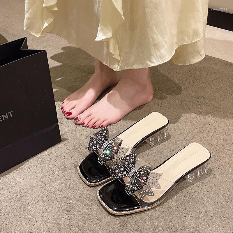 

Sandals Women Fashion Bow Mid Heels Shoes Summer Square Toe Slides Designer Pumps Slingback Luxury Ladie Zapatillas 2023, Black