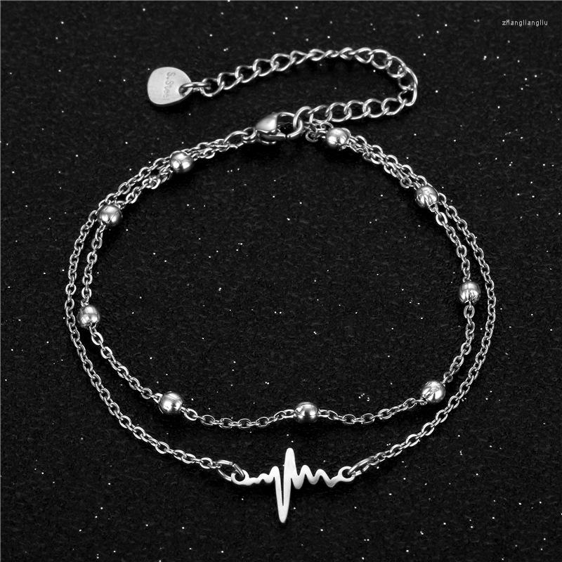 

Link Bracelets Fashion European And American Glossy Heartbeat ECG Bracelet Female Small Fresh Stainless Steel Beaded Chain Double