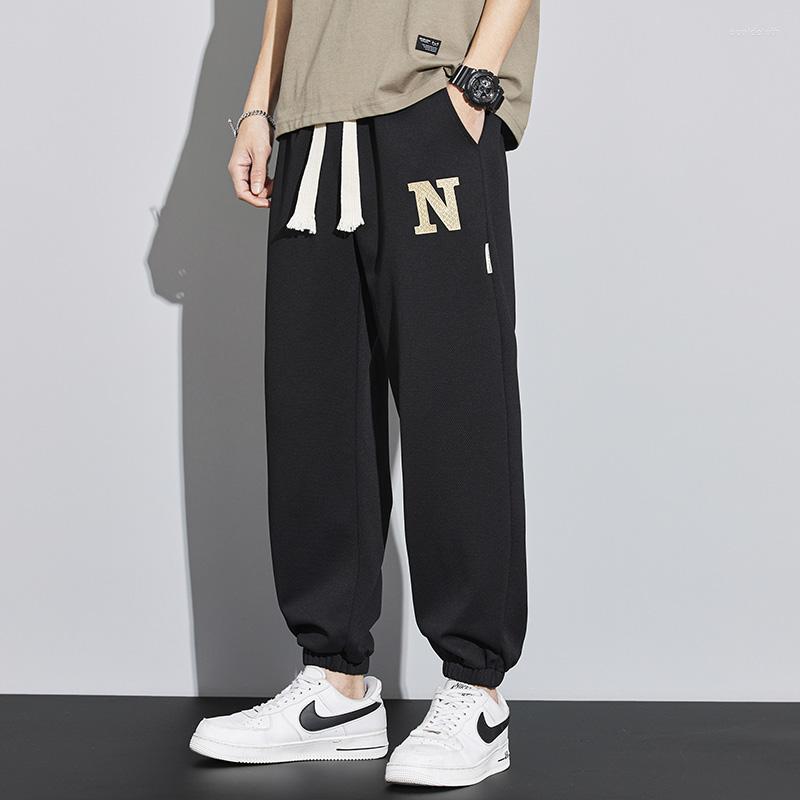

Men's Pants Men Spring Solid Color Drawstring Polyester Fiber Embroidery Casual Trousers Loose Jogging High Street Harajuku Sweatpant, Black