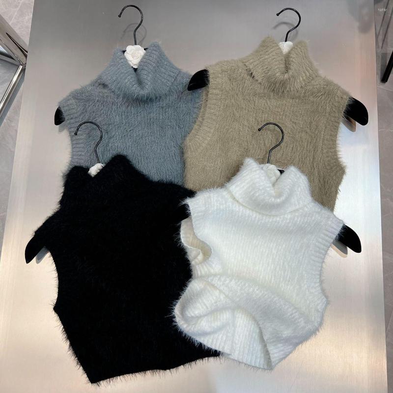 

Women' Tanks 2023 Autumn Fashion Elegant High Collar Sleeveless Knitting Tank Women Office Lady Furry Slimming Girl Stretch Knitted Vest, Black
