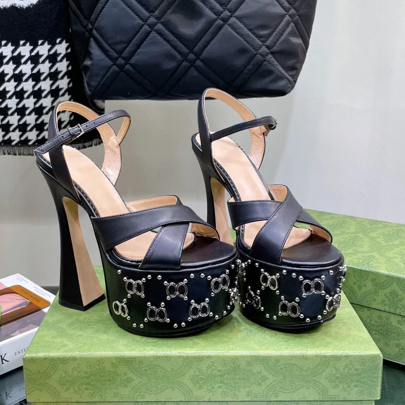

Janaya leather Stud-detailed platform sandals chunky high heels Ankle strap open toe heeled block heel sandal luxury designer shoes for women factory footwear, Gold